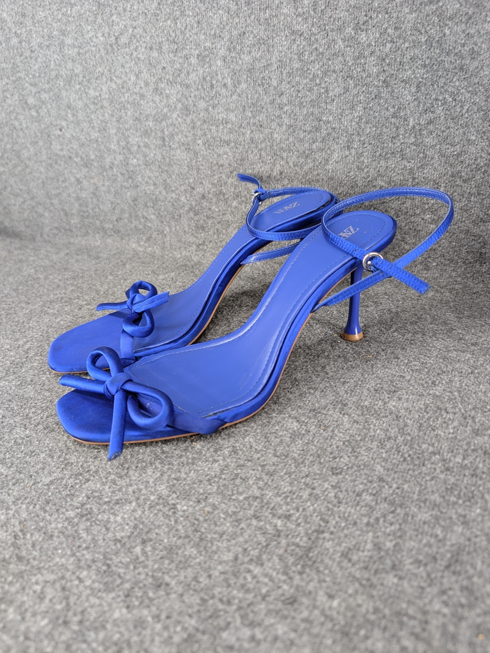 Zara Cobalt Blue Satin Strappy Heels With Bow